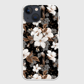 Чехол для iPhone 13 mini с принтом Белые цветы в Рязани,  |  | black | bud | cute | flora | flowers | golden | leaves | plant | romance | spring | tenderness | white | yellow | белый | бутон | весна | желтый | золотой | листья | мило | нежность | растение | романтика | флора | цветы | черный