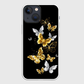 Чехол для iPhone 13 mini с принтом Золотые бабочки в Рязани,  |  | airy | black | butterfly | cool | cute | flight | flit | gold | insect | magical | white | wings | yellow | бабочка | белый | воздушный | волшебный | желтый | золото | крылья | милый | насекомое | полёт | порхать | прикольный | черный