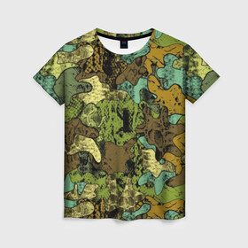 Женская футболка 3D с принтом Камуфляж в Рязани, 100% полиэфир ( синтетическое хлопкоподобное полотно) | прямой крой, круглый вырез горловины, длина до линии бедер | abstraction | army | art | background | blue | camouflage | clothing | color | green | marsh | pattern | snake | stencil | uniform | абстракция | армия | арт | болотный | зеленый | змея | камуфляж | одежда | трафарет | узор | униформа | фон | цв