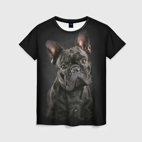 Женская футболка 3D с принтом Французский бульдог в Рязани, 100% полиэфир ( синтетическое хлопкоподобное полотно) | прямой крой, круглый вырез горловины, длина до линии бедер | animal | background | beast | black | breed | bulldog | cool | cute | dog | ears | french | jaw | look | muzzle | portrait | wool | бульдог | взгляд | животное | зверь | милый | пёс | порода | портрет | прикольно | псина | собака | уши | фон | фра