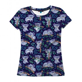 Женская футболка 3D с принтом Фиолетовые коалы в Рязани, 100% полиэфир ( синтетическое хлопкоподобное полотно) | прямой крой, круглый вырез горловины, длина до линии бедер | Тематика изображения на принте: animal | australia | baby | bear | blue | color | cute | exotic | green | illustration | koala | pattern | purple | vector | young | австралия | вектор | ветка | детеныш | животное | зеленый | иллюстрация | коала | листья | малыш | медведь | мил