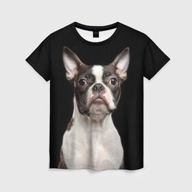 Женская футболка 3D с принтом Бостонский терьер в Рязани, 100% полиэфир ( синтетическое хлопкоподобное полотно) | прямой крой, круглый вырез горловины, длина до линии бедер | animal | background | beast | black | boston | breed | color | cool | cute | dog | ears | jaw | look | muzzle | pet | portrait | terrier | white | wool | белый | бостон | взгляд | животное | зверь | милый | пёс | питомец | порода | портрет | прико