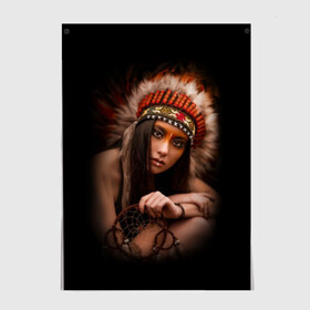 Постер с принтом Индейская девушка  в Рязани, 100% бумага
 | бумага, плотность 150 мг. Матовая, но за счет высокого коэффициента гладкости имеет небольшой блеск и дает на свету блики, но в отличии от глянцевой бумаги не покрыта лаком | american | beauty | body | costume | dark | ethnic | face | girl | hair | look | national | nature | race | shaman | взгляд | волосы | девушка | женщина | индейский | индейцы | кор | костюм | краснокожий | красный | красота | лицо | ловец снов | макияж | 