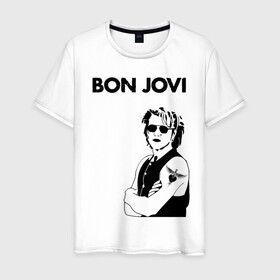 Мужская футболка хлопок с принтом Bon Jovi в Рязани, 100% хлопок | прямой крой, круглый вырез горловины, длина до линии бедер, слегка спущенное плечо. | bon jovi | альбом | арена | бон | бон джови | глэм | группа | джови | джон | метал | музыка | надпись | песни | поп | попрок | рок | рокер | смайл | солист | софт | стена | хард | хеви | хевиметал