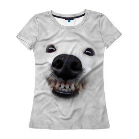 Женская футболка 3D с принтом Собака - улыбака в Рязани, 100% полиэфир ( синтетическое хлопкоподобное полотно) | прямой крой, круглый вырез горловины, длина до линии бедер | животные | зубы | мордочка | пес | прикол | смешная | собака | улыбака | улыбка | щенок | юмор