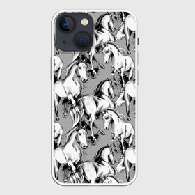 Чехол для iPhone 13 mini с принтом Белые лошади в Рязани,  |  | animal | black | cool | gray | hooves | horse | illustration | mane | mustang | muzzle | running | speed | tail | white | бег | белый | грива | животное | иллюстрация | копыта | лошадь | мустанг | прикольно | серый | скорость | хвост | черный