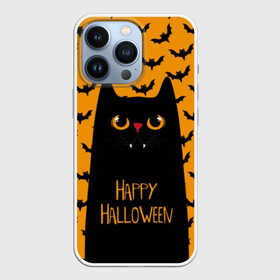 Чехол для iPhone 13 Pro с принтом Happy Halloween в Рязани,  |  | autumn | bat | black | cat | eyes | fangs | halloween | holiday | horror | horrors | mouse | yellow | глаза | желтый | жуть | клыки | кот | летучая | мышь | осень | праздник | ужасы | хэллоуин | черный