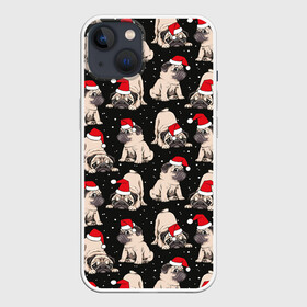 Чехол для iPhone 13 с принтом Новогодние мопсы в Рязани,  |  | Тематика изображения на принте: black | christmas | cute | dog | funny | hat | new year | pug | puppy | red | snow | white | winter | белый | зима | красный | мило | мопс | новогодний | новый год | пёс | прикольно | рождество | снег | собака | собакен | чёрный | шапка | щенок