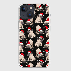 Чехол для iPhone 13 mini с принтом Новогодние мопсы в Рязани,  |  | black | christmas | cute | dog | funny | hat | new year | pug | puppy | red | snow | white | winter | белый | зима | красный | мило | мопс | новогодний | новый год | пёс | прикольно | рождество | снег | собака | собакен | чёрный | шапка | щенок