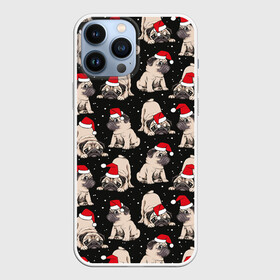 Чехол для iPhone 13 Pro Max с принтом Новогодние мопсы в Рязани,  |  | black | christmas | cute | dog | funny | hat | new year | pug | puppy | red | snow | white | winter | белый | зима | красный | мило | мопс | новогодний | новый год | пёс | прикольно | рождество | снег | собака | собакен | чёрный | шапка | щенок