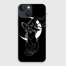 Чехол для iPhone 13 mini с принтом Кошка колдунья в Рязани,  |  | black | cat | cl | crescent | fangs | halloween | hat | holiday | hunter | kitty | magic | month | moon | mystic | night | predator | white | witch | белый | ведьма | киса | клыки | когти | колдовство | кот | котэ | кошка | луна | магия | месяц | мистика 