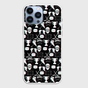 Чехол для iPhone 13 Pro Max с принтом ХОККЕЙ GLITCH в Рязани,  |  | black and white | hockey | pattern | russia | sport | глитч | надписи | паттерн | россия | сборная хоккея | символика | спорт | спортсмен | текстура | хоккей | чемпионат | черно белый | я русский