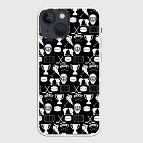 Чехол для iPhone 13 mini с принтом ХОККЕЙ в Рязани,  |  | black and white | hockey | pattern | russia | sport | надписи | паттерн | россия | сборная хоккея | символика | спорт | спортсмен | текстура | хоккей | чемпионат | черно белый | я русский