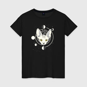 Женская футболка хлопок с принтом Кот с Лунами в Рязани, 100% хлопок | прямой крой, круглый вырез горловины, длина до линии бедер, слегка спущенное плечо | Тематика изображения на принте: астрология | астрономия | космос | кот | котики | коты | луна | луны | сфинкс