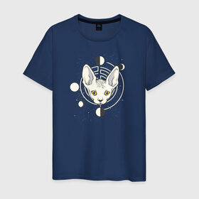 Мужская футболка хлопок с принтом Кот с Лунами в Рязани, 100% хлопок | прямой крой, круглый вырез горловины, длина до линии бедер, слегка спущенное плечо. | астрология | астрономия | космос | кот | котики | коты | луна | луны | сфинкс