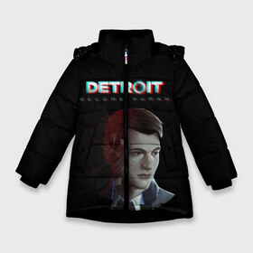 Зимняя куртка для девочек 3D с принтом Detroit Become Human в Рязани, ткань верха — 100% полиэстер; подклад — 100% полиэстер, утеплитель — 100% полиэстер. | длина ниже бедра, удлиненная спинка, воротник стойка и отстегивающийся капюшон. Есть боковые карманы с листочкой на кнопках, утяжки по низу изделия и внутренний карман на молнии. 

Предусмотрены светоотражающий принт на спинке, радужный светоотражающий элемент на пуллере молнии и на резинке для утяжки. | Тематика изображения на принте: become human | connor | dbh | dbhpk19 | detroit | detroit city | glitch | абстракция | геометрия | детройт | игра | коннор | надпись | стать человеком | текстура | треугольник | треугольники