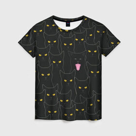 Женская футболка 3D с принтом Чёрные коты в Рязани, 100% полиэфир ( синтетическое хлопкоподобное полотно) | прямой крой, круглый вырез горловины, длина до линии бедер | Тематика изображения на принте: black | cat | eyes | halloween | kitten | look | magic | muzzle | mysticism | witch | witchcraft | yellow | ведьма | взгляд | глаза | желтый | колдовство | кот | котёнок | котик | кошачья | магия | мистика | хэллоуин | черный