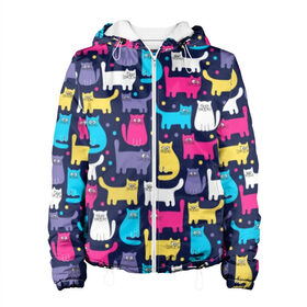 Женская куртка 3D с принтом Разноцветные котики в Рязани, ткань верха — 100% полиэстер, подклад — флис | прямой крой, подол и капюшон оформлены резинкой с фиксаторами, два кармана без застежек по бокам, один большой потайной карман на груди. Карман на груди застегивается на липучку | blue | cat | colorful | cool | dots | kitten | paws | pink | tail | torso | white | yellow | белый | желтый | кот | котёнок | котик | котэ | кошка | лапы | прикольный | разноцветный | розовый | синий | точки | туловище | хвост