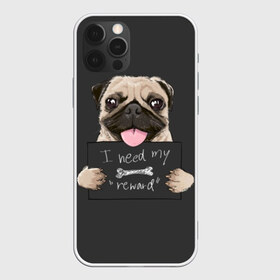 Чехол для iPhone 12 Pro Max с принтом I need my “reward” в Рязани, Силикон |  | Тематика изображения на принте: animal | breed | dog | eyes | funny | gray | look | muzzle | pug | slogan | text | взгляд | глаза | животное | забавный | мопс | порода | серый | слоган | собака | текст