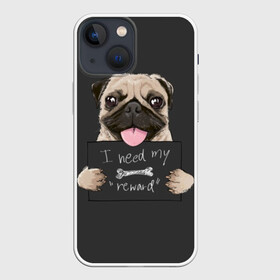 Чехол для iPhone 13 mini с принтом I need my “reward” в Рязани,  |  | Тематика изображения на принте: animal | breed | dog | eyes | funny | gray | look | muzzle | pug | slogan | text | взгляд | глаза | животное | забавный | мопс | порода | серый | слоган | собака | текст