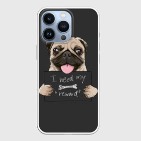 Чехол для iPhone 13 Pro с принтом I need my “reward” в Рязани,  |  | Тематика изображения на принте: animal | breed | dog | eyes | funny | gray | look | muzzle | pug | slogan | text | взгляд | глаза | животное | забавный | мопс | порода | серый | слоган | собака | текст