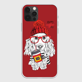 Чехол для iPhone 12 Pro Max с принтом Happy coffee day в Рязани, Силикон |  | animal | breed | coffee | coffee lover | dog | hat | red | slogan | spaniel | text | white | белый | животное | кофе | кофеман | красный | очки | порода | слоган | собака | спаниель | текст | шапка