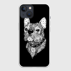 Чехол для iPhone 13 с принтом Бульдог в Рязани,  |  | animal | black | bone | breed | bulldog | collar | dog | drawing | ethnic | eyes | look | muzzle | pattern | white | zendudl | белый | бульдог | взгляд | глаза | животное | зендудл | кость | ошейник | пёс | порода | рисунок | собака | узор | черны