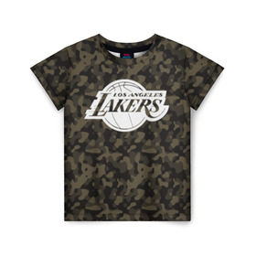 Детская футболка 3D с принтом Los Angeles Lakers Camo в Рязани, 100% гипоаллергенный полиэфир | прямой крой, круглый вырез горловины, длина до линии бедер, чуть спущенное плечо, ткань немного тянется | Тематика изображения на принте: camo | lakers | los angeles lakers | nba | баскетбол | камуфляж | лос анджелес лейкерс | нба | спорт | хаки