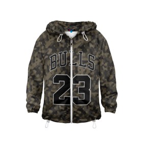 Детская ветровка 3D с принтом Chicago Bulls 23 Camo в Рязани, 100% полиэстер | подол и капюшон оформлены резинкой с фиксаторами, по бокам два кармана без застежек, один потайной карман на груди | Тематика изображения на принте: bulls | camo | chicago | chicago bulls | nba | баскетбол | буллз | камуфляж | нба | спорт | хаки | чикаго | чикаго буллз