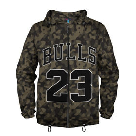 Мужская ветровка 3D с принтом Chicago Bulls 23 Camo в Рязани, 100% полиэстер | подол и капюшон оформлены резинкой с фиксаторами, два кармана без застежек по бокам, один потайной карман на груди | Тематика изображения на принте: bulls | camo | chicago | chicago bulls | nba | баскетбол | буллз | камуфляж | нба | спорт | хаки | чикаго | чикаго буллз