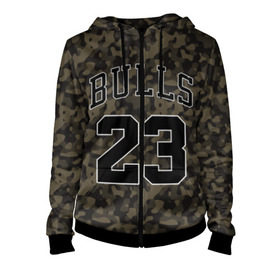 Женская толстовка 3D на молнии с принтом Chicago Bulls 23 Camo в Рязани, 100% полиэстер | длина до линии бедра, манжеты и пояс оформлены мягкой тканевой резинкой, двухслойный капюшон со шнурком для регулировки, спереди молния, по бокам два кармана | Тематика изображения на принте: bulls | camo | chicago | chicago bulls | nba | баскетбол | буллз | камуфляж | нба | спорт | хаки | чикаго | чикаго буллз