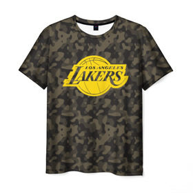 Мужская футболка 3D с принтом Los Angeles Lakers Camo Gold в Рязани, 100% полиэфир | прямой крой, круглый вырез горловины, длина до линии бедер | 