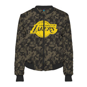 Женский бомбер 3D с принтом Los Angeles Lakers Camo Gold в Рязани, 100% полиэстер | застегивается на молнию, по бокам два кармана без застежек, мягкие манжеты, по низу бомбера и на воротнике — эластичная резинка | 