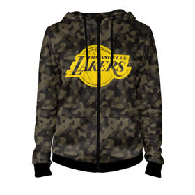 Женская толстовка 3D на молнии с принтом Los Angeles Lakers Camo Gold в Рязани, 100% полиэстер | длина до линии бедра, манжеты и пояс оформлены мягкой тканевой резинкой, двухслойный капюшон со шнурком для регулировки, спереди молния, по бокам два кармана | 