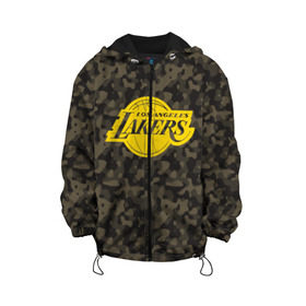 Детская куртка 3D с принтом Los Angeles Lakers Camo Gold в Рязани, 100% полиэстер | застежка — молния, подол и капюшон оформлены резинкой с фиксаторами, по бокам — два кармана без застежек, один потайной карман на груди, плотность верхнего слоя — 90 г/м2; плотность флисового подклада — 260 г/м2 | Тематика изображения на принте: 