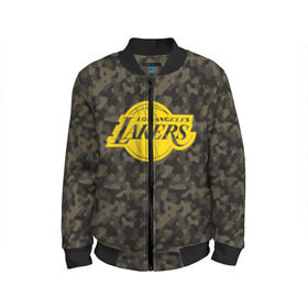 Детский бомбер 3D с принтом Los Angeles Lakers Camo Gold в Рязани, 100% полиэстер | застегивается на молнию, по бокам два кармана без застежек, мягкие манжеты, по низу бомбера и на воротнике — эластичная резинка | Тематика изображения на принте: 