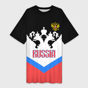 Платье-футболка 3D с принтом HOCKEY RUSSIA в Рязани,  |  | hockey | russia | sport | герб | надписи | россия | сборная хоккея | символика | спорт | спортсмен | триколор | форма | хоккей | чемпионат | я русский