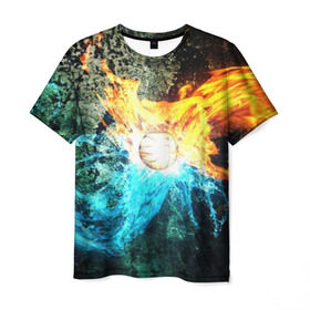 Мужская футболка 3D с принтом Альфа и Омега в Рязани, 100% полиэфир | прямой крой, круглый вырез горловины, длина до линии бедер | битва огней | битва стихий | взрыв | вода | лед и пламя | лучи | огонь | огонь и вода | пламя | скала | текстура | энергия