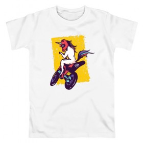 Мужская футболка хлопок с принтом Мотоциклист Единорог в Рязани, 100% хлопок | прямой крой, круглый вырез горловины, длина до линии бедер, слегка спущенное плечо. | unicorn | единорог | мотоцикл