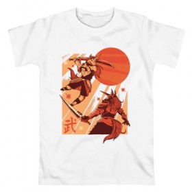 Мужская футболка хлопок с принтом Битва Единорогов в Рязани, 100% хлопок | прямой крой, круглый вырез горловины, длина до линии бедер, слегка спущенное плечо. | unicorn | единорог | ниндзя | самураи | самурай | япония