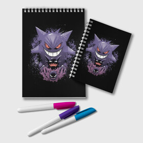 Блокнот с принтом Pokemon Gengar Rubber в Рязани, 100% бумага | 48 листов, плотность листов — 60 г/м2, плотность картонной обложки — 250 г/м2. Листы скреплены удобной пружинной спиралью. Цвет линий — светло-серый
 | battle | drawing | entei | go | legendary | lugia | metagross | nintendo | pikachu | pokemon | raikou | squirtle | zapdos | брок | бульбазавр | мисти | монстр | пикачу | покемон | эш