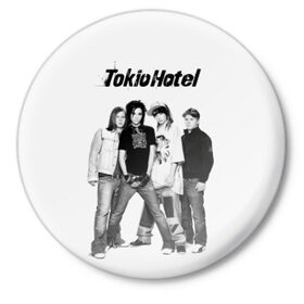 Значок с принтом Tokio Hotel в Рязани,  металл | круглая форма, металлическая застежка в виде булавки | alternative rock | band | bill kaulitz | boys | german | hotel | music | pop rock | powerpop | synthpop | tokyo | tom ka | альтернативный рок | билл каулитц | георг листинг | группа | густав шефер | мальчики | музыка | немецкая | отель | пауэр поп