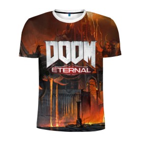 Мужская футболка 3D спортивная с принтом DOOM Eternal в Рязани, 100% полиэстер с улучшенными характеристиками | приталенный силуэт, круглая горловина, широкие плечи, сужается к линии бедра | Тематика изображения на принте: bethesda | dead | death | doom | doom eternal | game | games | metal | monster | ps4 | space | steam | xbox | дум | игра | космос | метал | меч | экшн