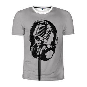 Мужская футболка 3D спортивная с принтом Микрофон в Рязани, 100% полиэстер с улучшенными характеристиками | приталенный силуэт, круглая горловина, широкие плечи, сужается к линии бедра | black | gray | headphones | microphone | music | music lover | sound | звук | меломан | микрофон | музыка | наушники | серый | черный