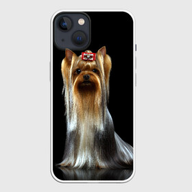Чехол для iPhone 13 с принтом Йоркширский терьер в Рязани,  |  | Тематика изображения на принте: animal | barrette | breed | cute | dog | funny | muzzle | small | terrier | yorkshire | животное | забавный | заколка | йоркширский | маленький | милый | порода | смешной | собака | терьер