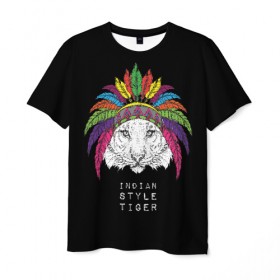 Мужская футболка 3D с принтом Indian style tiger в Рязани, 100% полиэфир | прямой крой, круглый вырез горловины, длина до линии бедер | animal | ethnic | feathers | multicolored | muzzle | predator | tiger | животное | перья | разноцветный | тигр | этнический