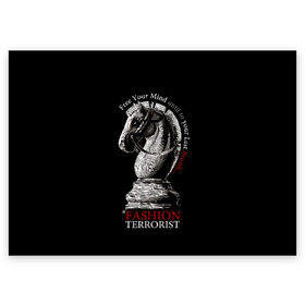 Поздравительная открытка с принтом A Fashion Terrorist в Рязани, 100% бумага | плотность бумаги 280 г/м2, матовая, на обратной стороне линовка и место для марки
 | black | chess | cool | figure | horse | red | slogan | style | white | белый | конь | красный | лошадь | прикольный | слоган | стиль | фигура | черный | шахматы
