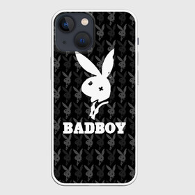 Чехол для iPhone 13 mini с принтом Bad boy в Рязани,  |  | Тематика изображения на принте: bad boy | bite | bow tie | broken | cool | ear | fighter | logo | man | playboy | rabbit | sign | symbol | white | белый | битый | боец | галстук бабочка | знак | кролик | логотип | любовь | мальчик | мужчина | откушенное | прикольный | сим