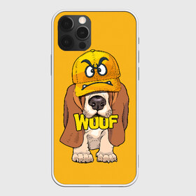 Чехол для iPhone 12 Pro Max с принтом Woof в Рязани, Силикон |  | Тематика изображения на принте: animal | cap | dog | funny | slogan | text | yellow | бассет хаунд | желтый | животное | забавный | кепка | прикольный | слоган | смешной | собака | текст