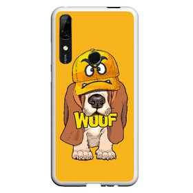 Чехол для Honor P Smart Z с принтом Woof в Рязани, Силикон | Область печати: задняя сторона чехла, без боковых панелей | animal | cap | dog | funny | slogan | text | yellow | бассет хаунд | желтый | животное | забавный | кепка | прикольный | слоган | смешной | собака | текст